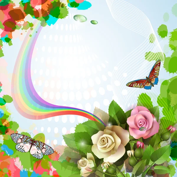 Elegant background with beautiful roses and rainbow — Stock Vector