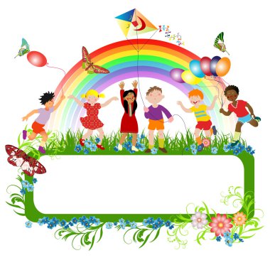 Multiracial kids and a banner clipart