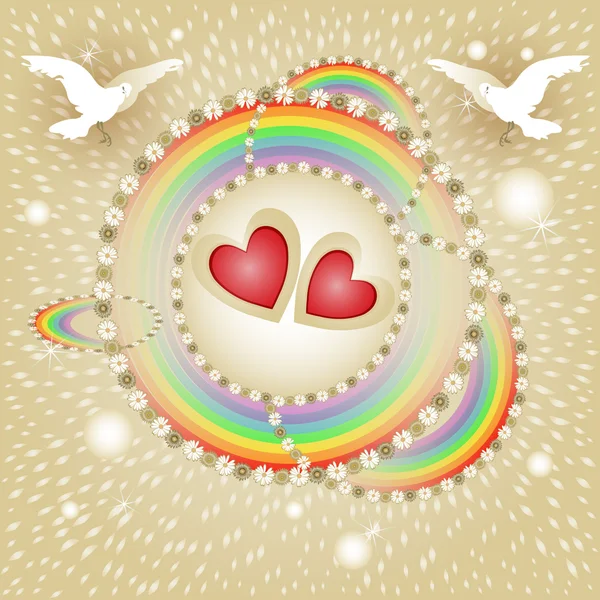 Background with hearts, flowers, rainbow and pigeons — стоковый вектор