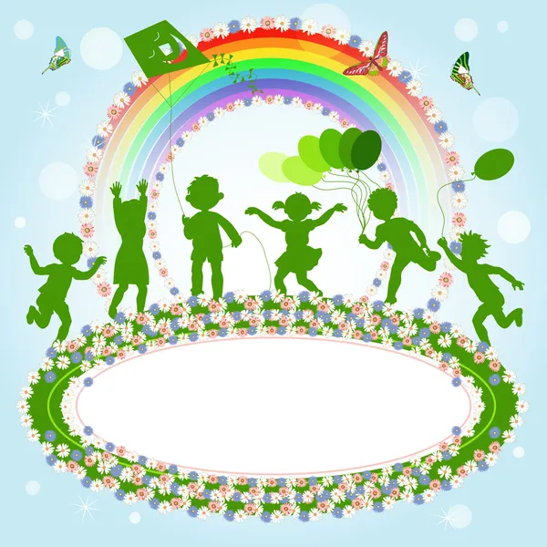 Groupe de silhouettes d'enfants heureux et une bannière — Image vectorielle