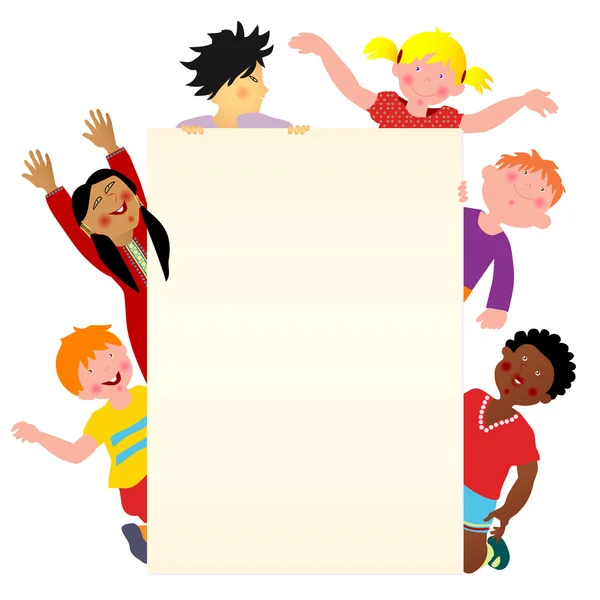 Six multicultural children with banner — Stock Vector