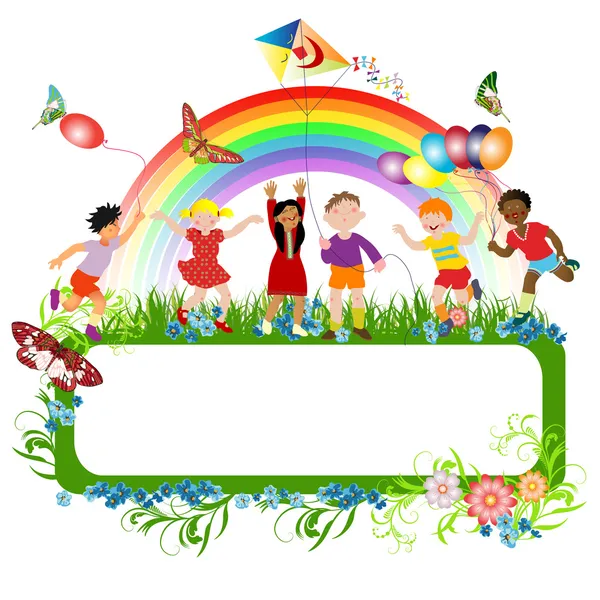 Multiracial kids and a banner — Stock Vector