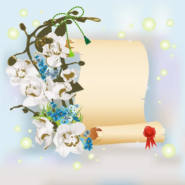 Papyrus und Zweig mit Blumen — Stockvektor
