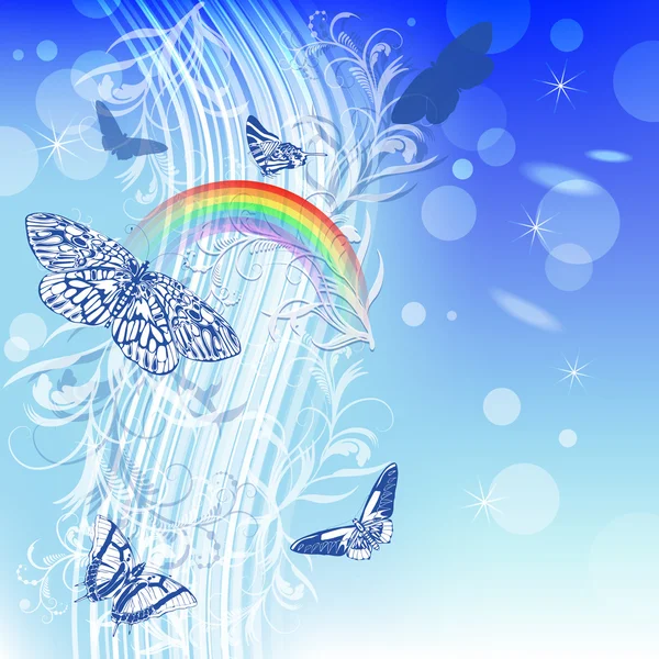 Blå bakgrund med fjärilar och regnbåge — Stock vektor