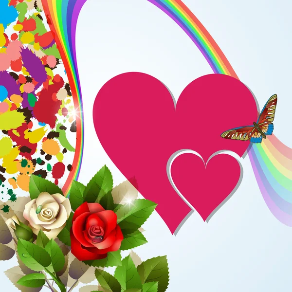 红色的心、 玫瑰和彩虹背景 — 图库矢量图片