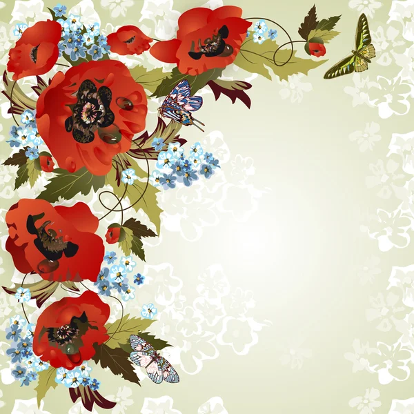 Hintergrund mit Mohn, Kornblumen und Schmetterlingen — Stockvektor
