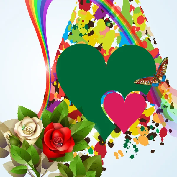 Bakgrund med hjärtan, rosor och regnbåge — Stock vektor