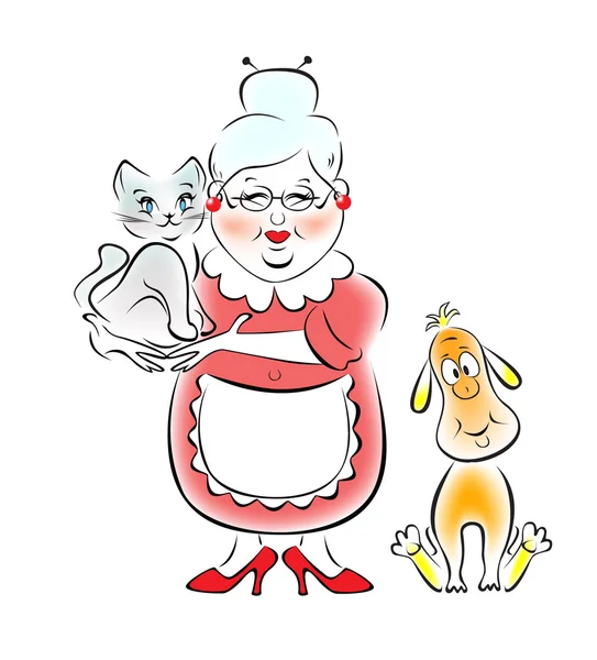 Nenek dengan anjing dan anak kucing - Stok Vektor