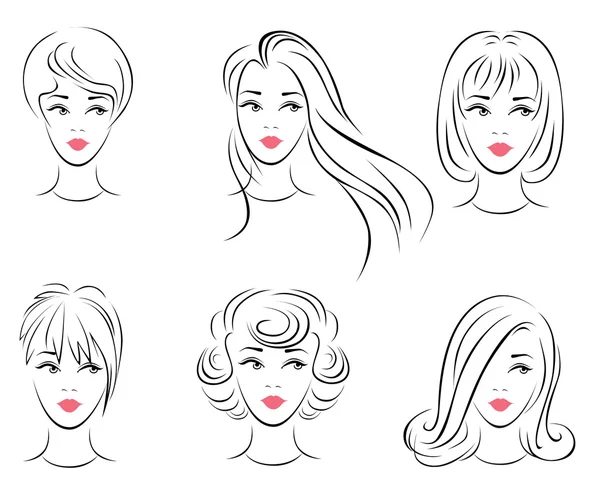 Kadın saç modelleri için altı seçenekleri gösteren resim. — Stok Vektör
