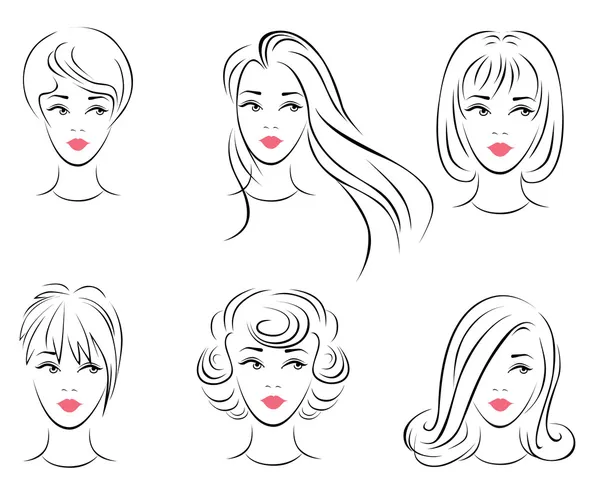 Illustration av de sex alternativen för kvinnors frisyrer. — Stock vektor