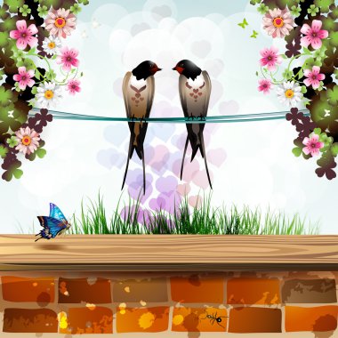 Garden with two swallows clipart