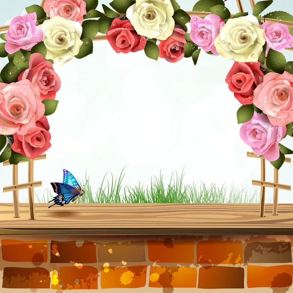 Mur de briques avec roses — Image vectorielle