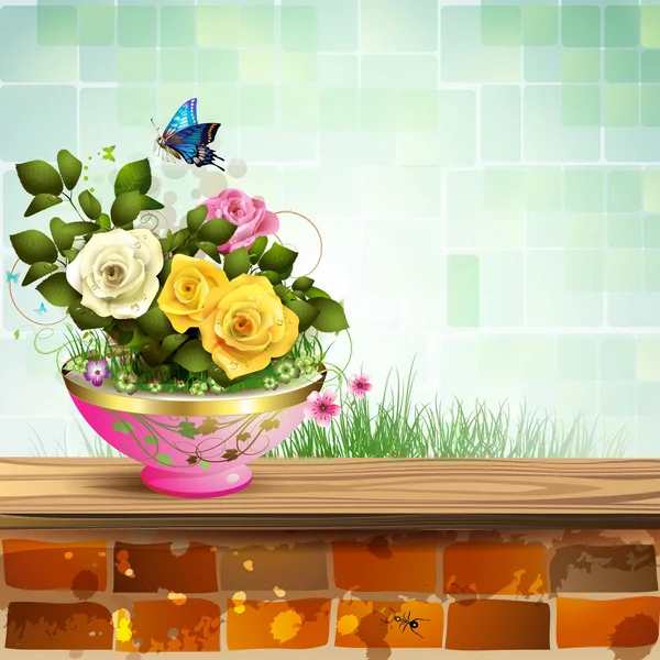 バラと植木鉢 — ストックベクタ