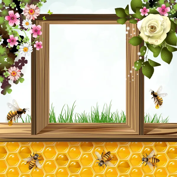 蜂と花を持つハニカム — ストックベクタ