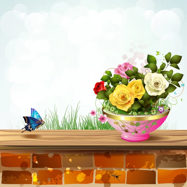 Pot de fleurs aux roses — Image vectorielle