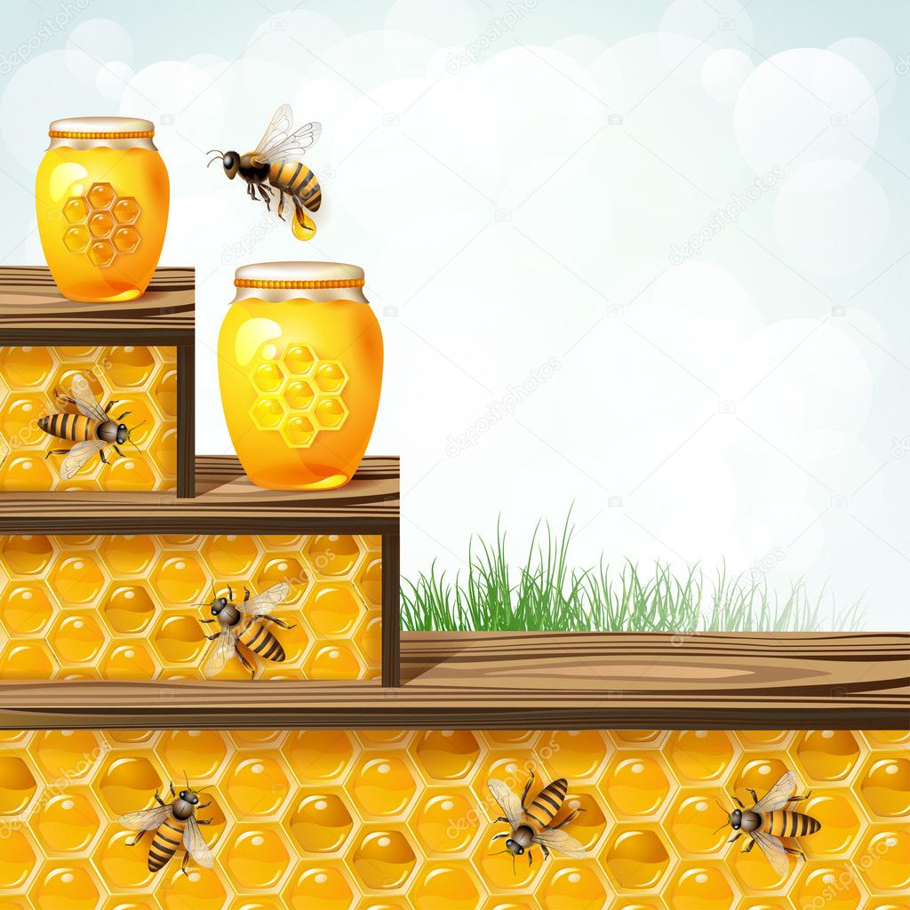 Glass jar bees and honeycombs