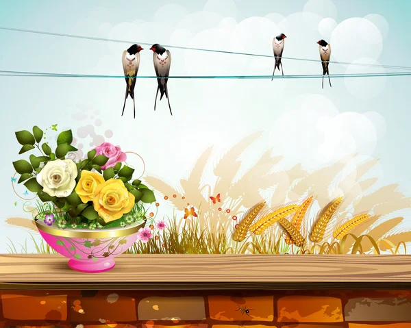 Pot de fleurs aux roses — Image vectorielle