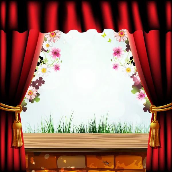 Bakstenen muur en gordijn met bloemen — Stockvector