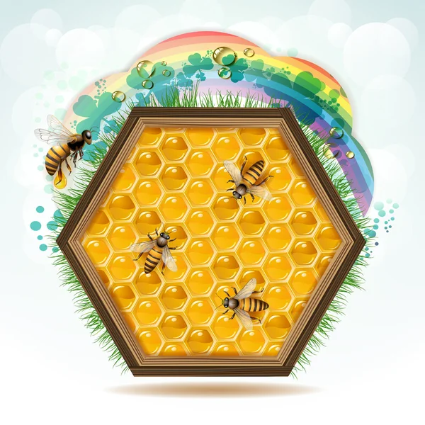 Marco de madera con abejas — Vector de stock