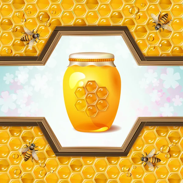Pot en verre avec des abeilles — Image vectorielle