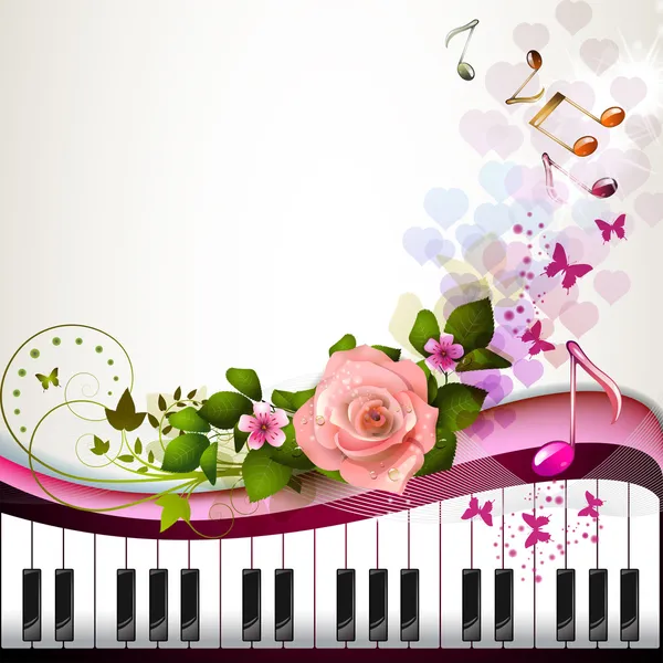Teclas de piano con rosa — Vector de stock