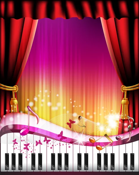 Teclas de piano con cortina roja — Vector de stock