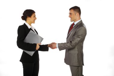 Business man and woman handshaking clipart