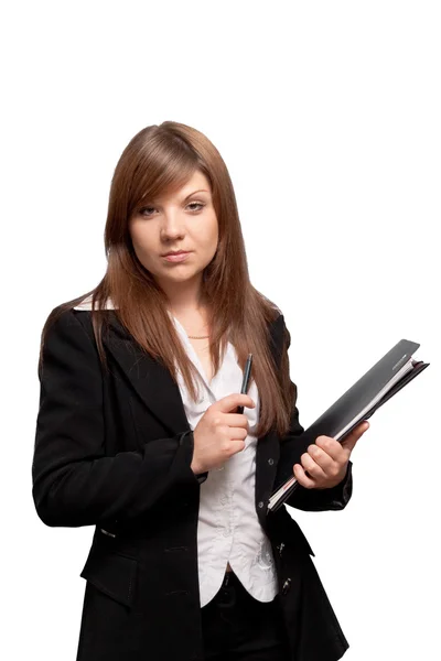 Isolated business woman with documents — Stock Photo, Image