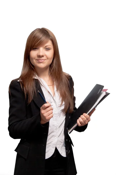 Smiling young pretty business woman with documents — Stock Photo, Image