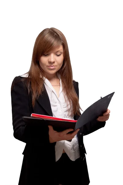 Isolated business woman with open folder — Stock Photo, Image