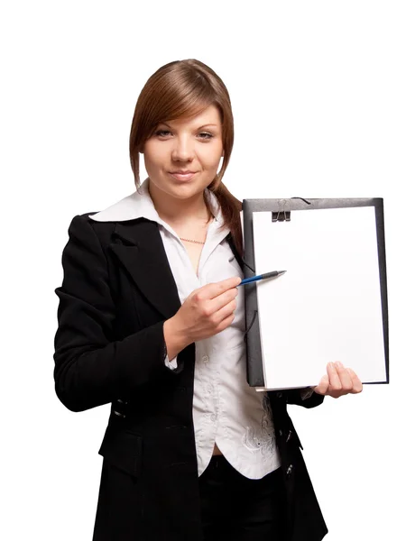 Cute young business woman pointing on a blank — Stock Photo, Image