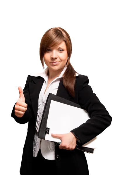 Business woman making thumb up ok gesture — Stock Photo, Image