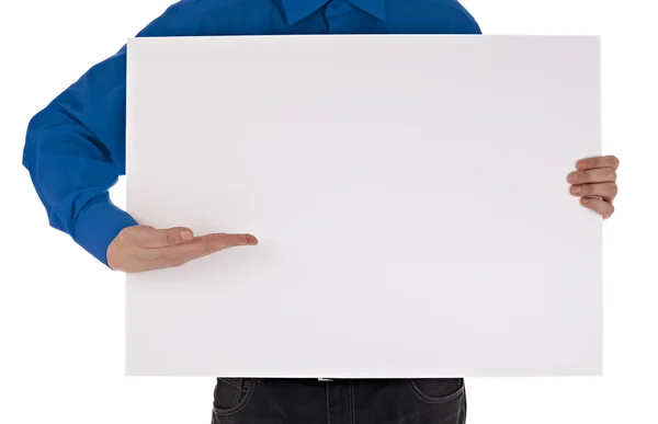 Homem de camisa segurando sinal em branco — Fotografia de Stock