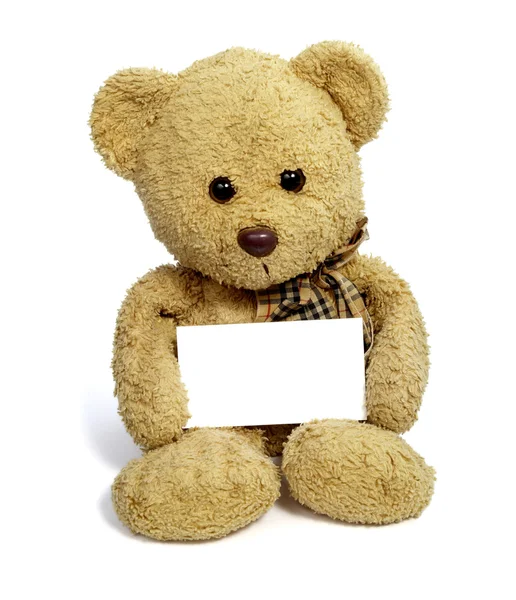 Teddybeer met lege notitie kaart — Stockfoto