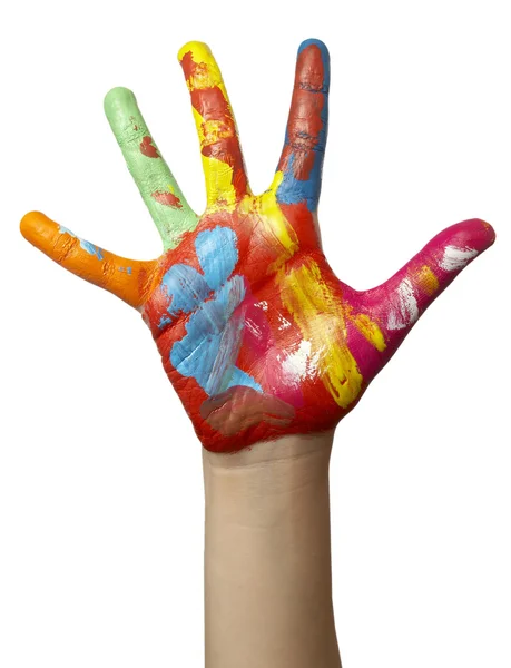 Farbe bemalte Kinderhand — Stockfoto