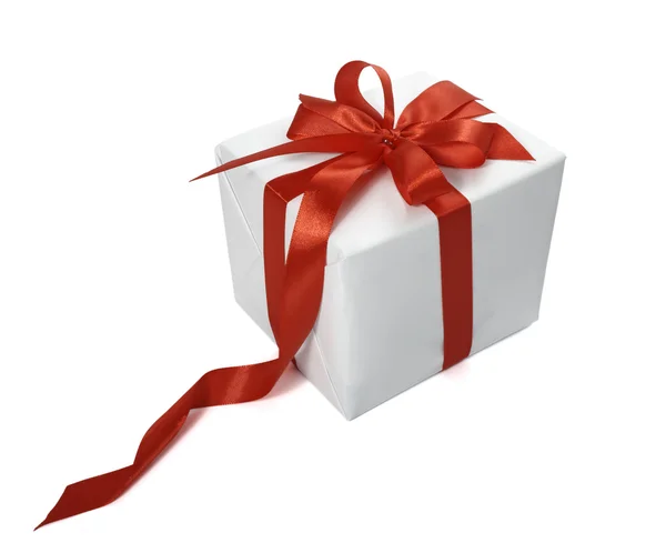 Red ribbon box present gift decoration — Stock Photo, Image