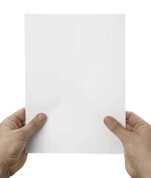 Mãos segurando papel em branco do escritório notebook — Fotografia de Stock