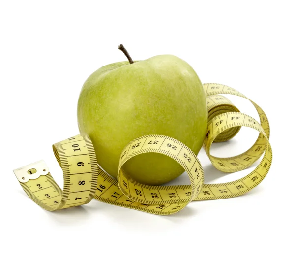 Medir cinta sastre dieta fitness manzana fruta comida longitud peso — Foto de Stock