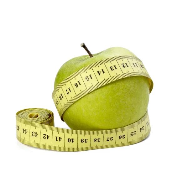 Mäta tejp skräddare kost fitness apple frukt mat längd vikt — Stockfoto