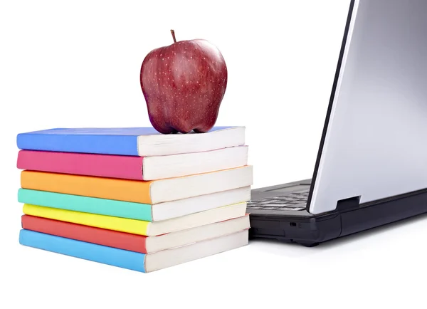 stock image Laptop computer books apple fruit food education school