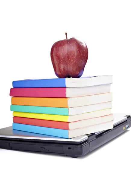 Přenosný počítač knihy jablko ovoce potraviny vzdělávací školy — Stock fotografie