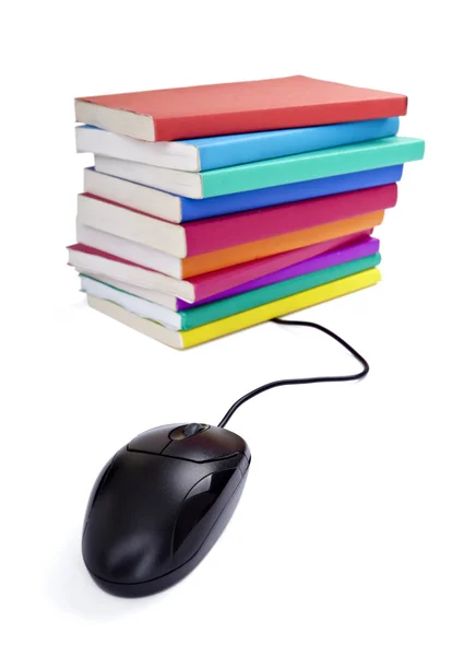 Livros coloridos computador mouse controle educação escola — Fotografia de Stock