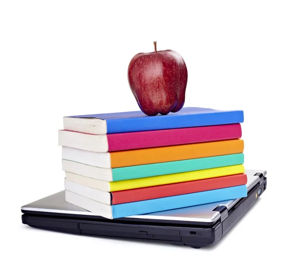Laptop livros de computador maçã fruta escola de educação alimentar — Fotografia de Stock