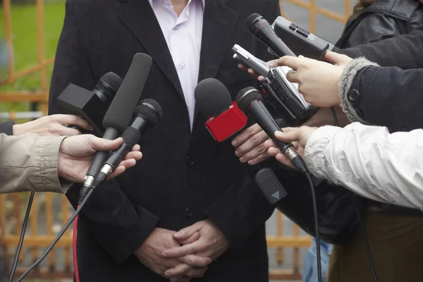 Business meeting conference journalism microphones — Stock Photo, Image