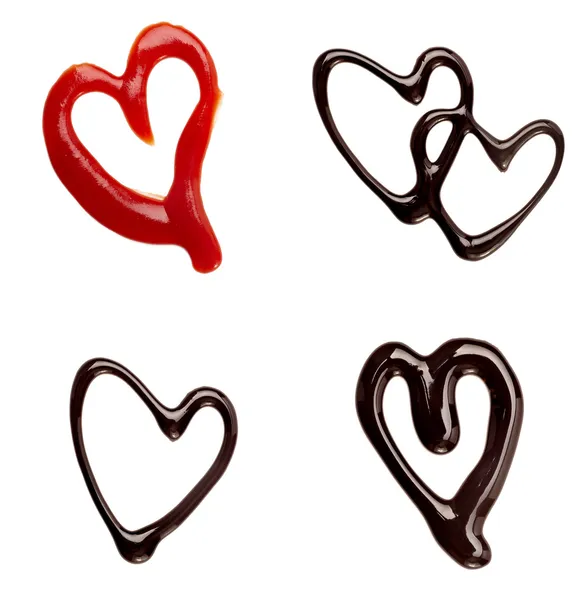Chocolate jarabe ketchup fugas corazón forma amor dulce comida —  Fotos de Stock