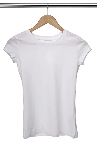 White t shirt on cloth hangers — Stock Photo, Image