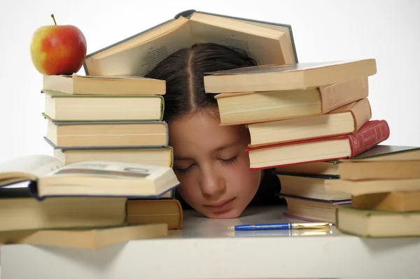 Chica con montón de libros — Foto de Stock