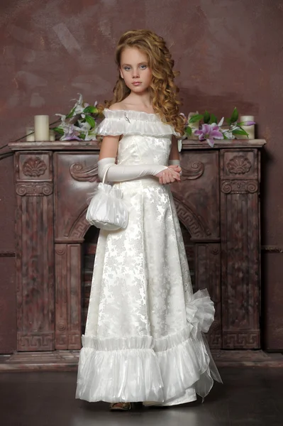 Victorian portrait of a girl in white dress — Stock Photo, Image