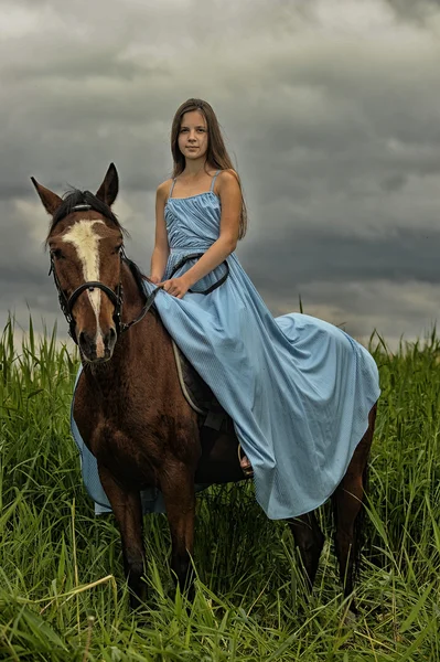 Bella ragazza con cavallo sulla natura — Foto Stock