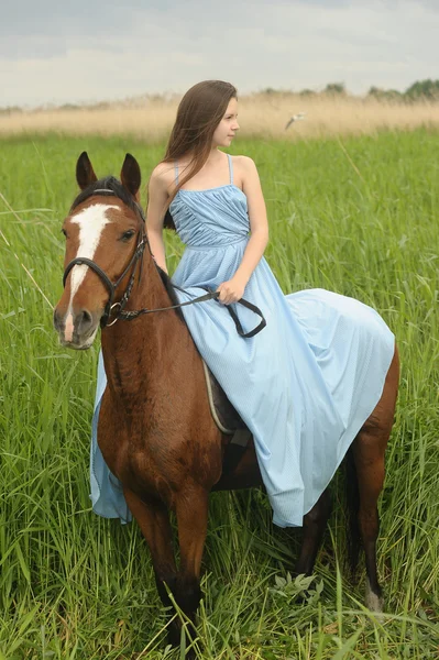 Hermosa chica con caballo en la naturaleza —  Fotos de Stock